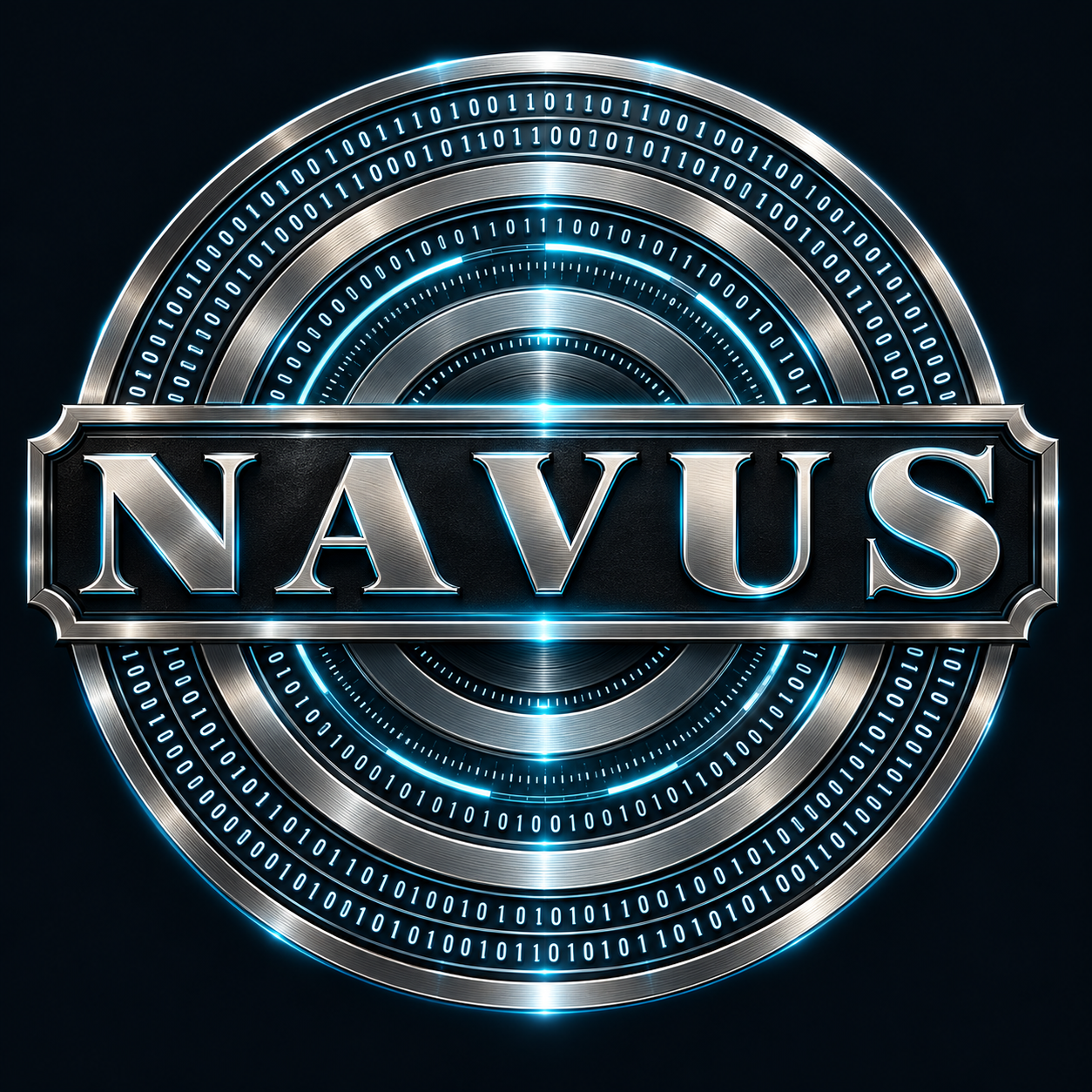 A NAVUS új emblémája: ezüst felirat, bináris gyűrűk és cián fény